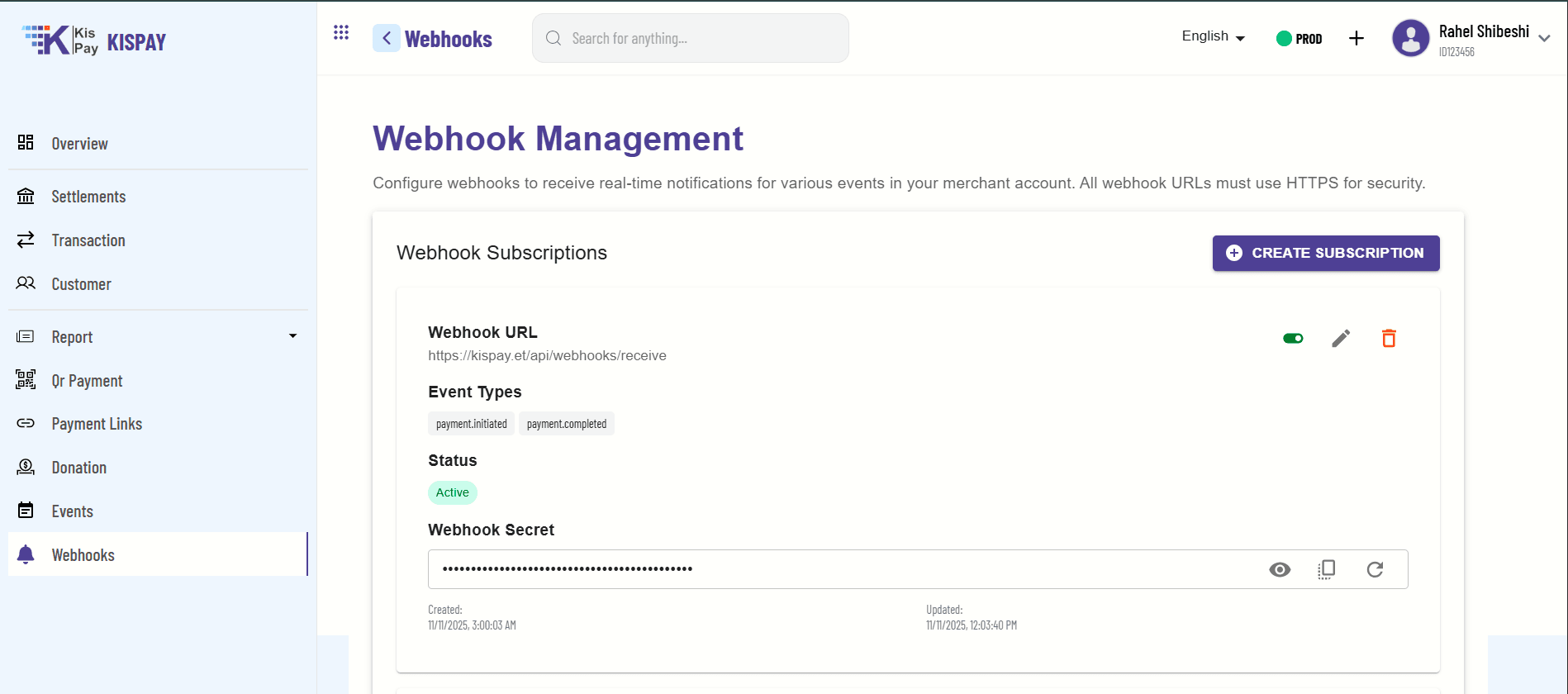 KisPay Webhook Management Dashboard